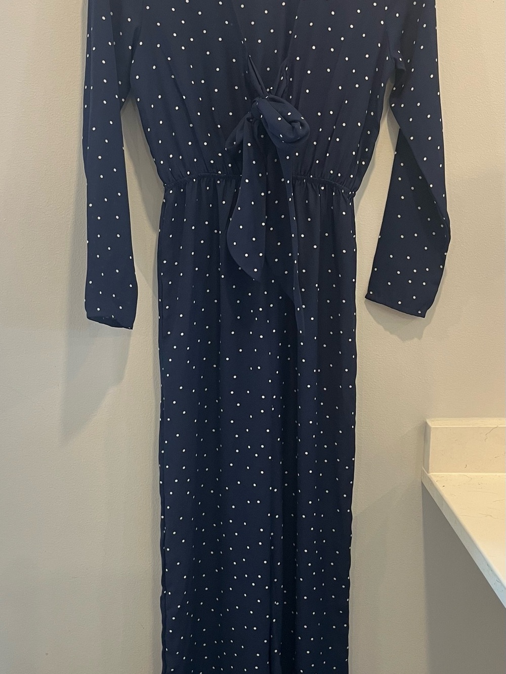 Navy Blue Polka Dot Long Sleeve Maxi Jumpsuit